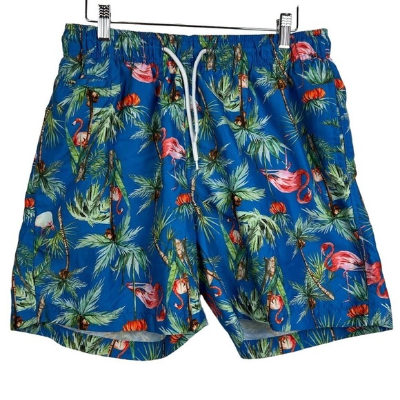 Charleston Threads Men's Swim Trunks Large Blue Pink Parrot Short Elastic Waist - Picture 1 of 9